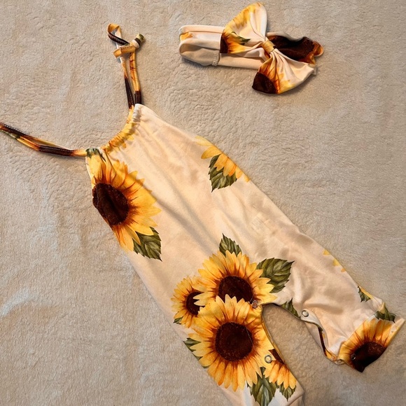 Sunflower Print Kids Romper with Headband - Picture 1 of 1